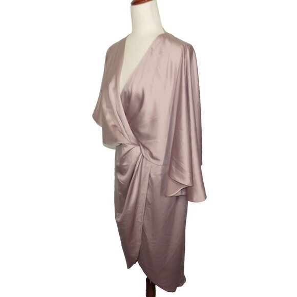 ASOS Dusty Rose Satin Asymmetric Draped Faux Wrap Front Split Midi Dress Size 12 - Picture 4 of 9